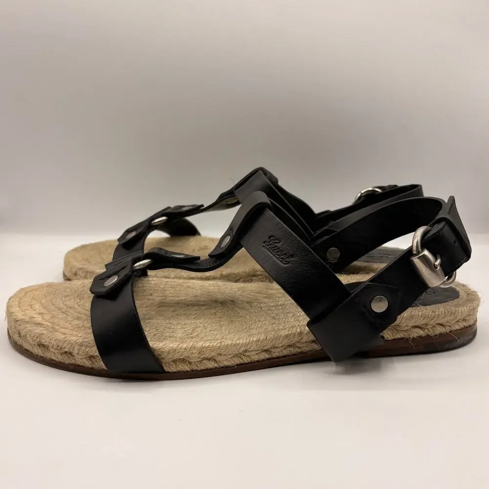 GUCCI Leather O-Ring Fisherman Espadrille Sandal Black Sz 10.5 $995